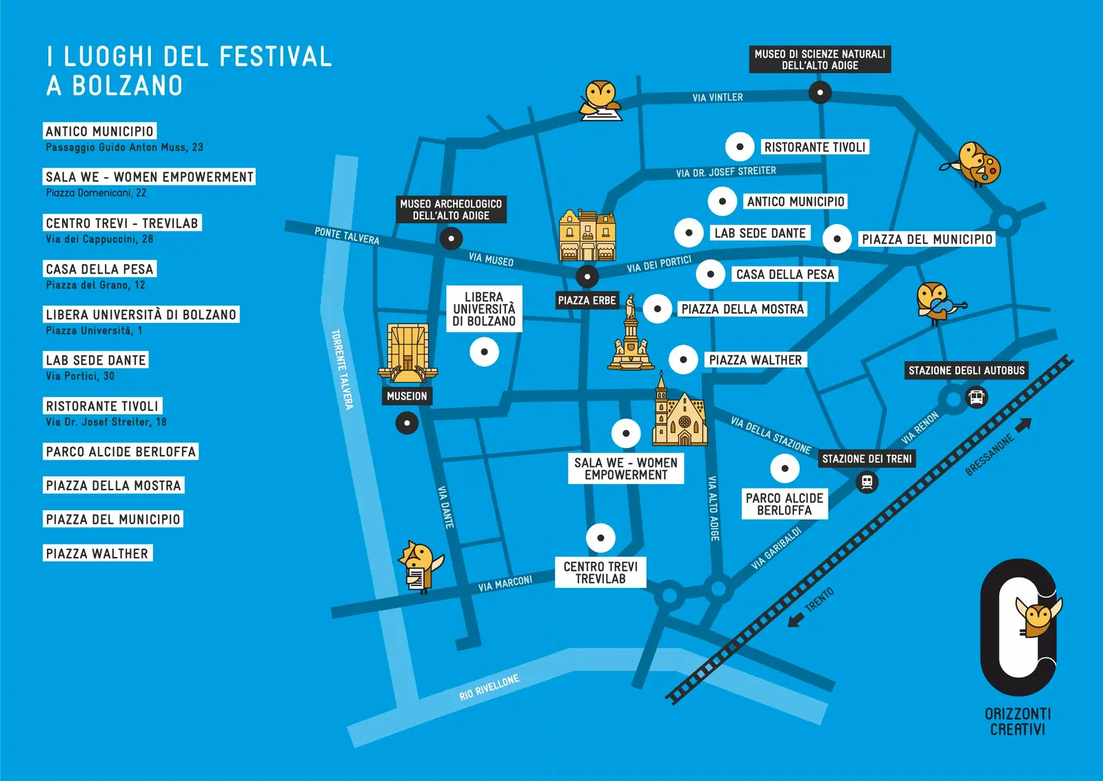 Mappa dei luoghi del Festival Orizzonti Creativi a Bolzano